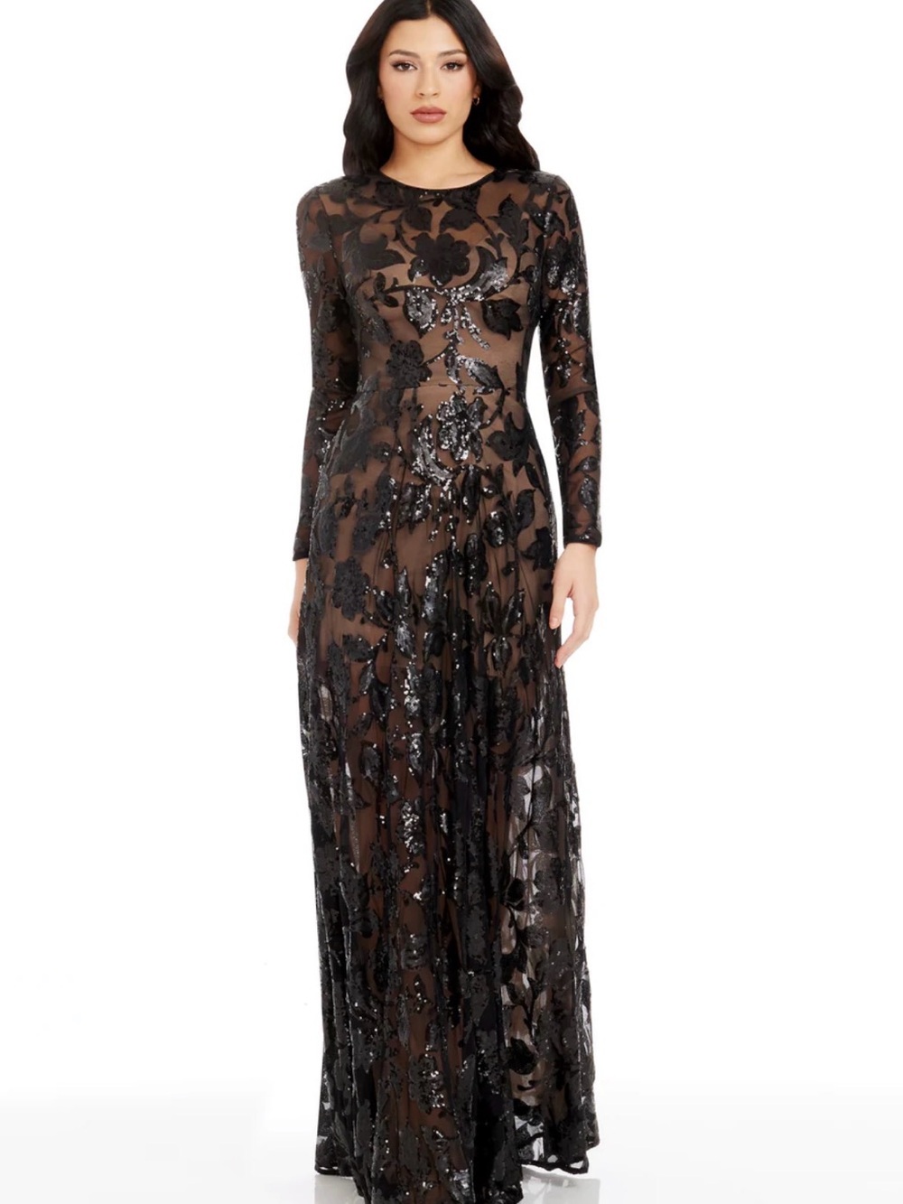 Dress the Population Black Long Sleeve Sequin Floral Mesh Gown NWT